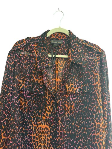 Jeans By Buffalo XL Sheer Tunic Button Blouse Leopard Orange Pink Black #3637 - Picture 6 of 11