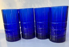 ANCHOR HOCKING ~ COBALT BLUE GLASS ~TARTAN ICE TEA TUMBLER SET OF 4 ~ 16 OZ.