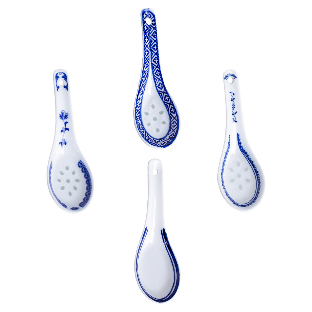 Cabilock 5 Keramik Löffel Set - Asiatische Suppenlöffel Blau Gemustert