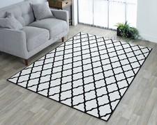 NEW MODERN LARGE BLACK & OFF WHITE MOROCCAN TRELLIS GEOMETRIC RUG 120x160cm