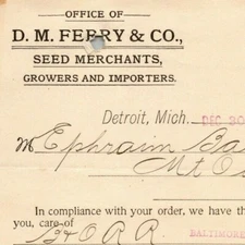 1895 Letterhead Billhead D.M. Ferry Seed Merchants Detroit - Ephraim Baker* 