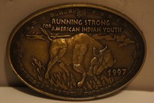 Brass Belt Buckle Buffalo Running Strong for American Indian Youth Vintage 1997