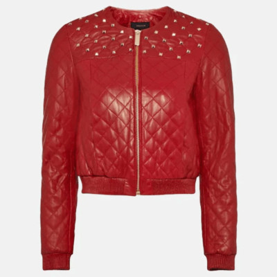 Women's Wine Red & Black Studded Biker Motorcycle Bomber Leather Jacket