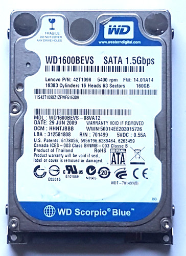 160 GB SATA WESTERN DIGITAL WD1600BEVS-08VAT2 5400RPM 8MB HDD 2,5" Festplatte