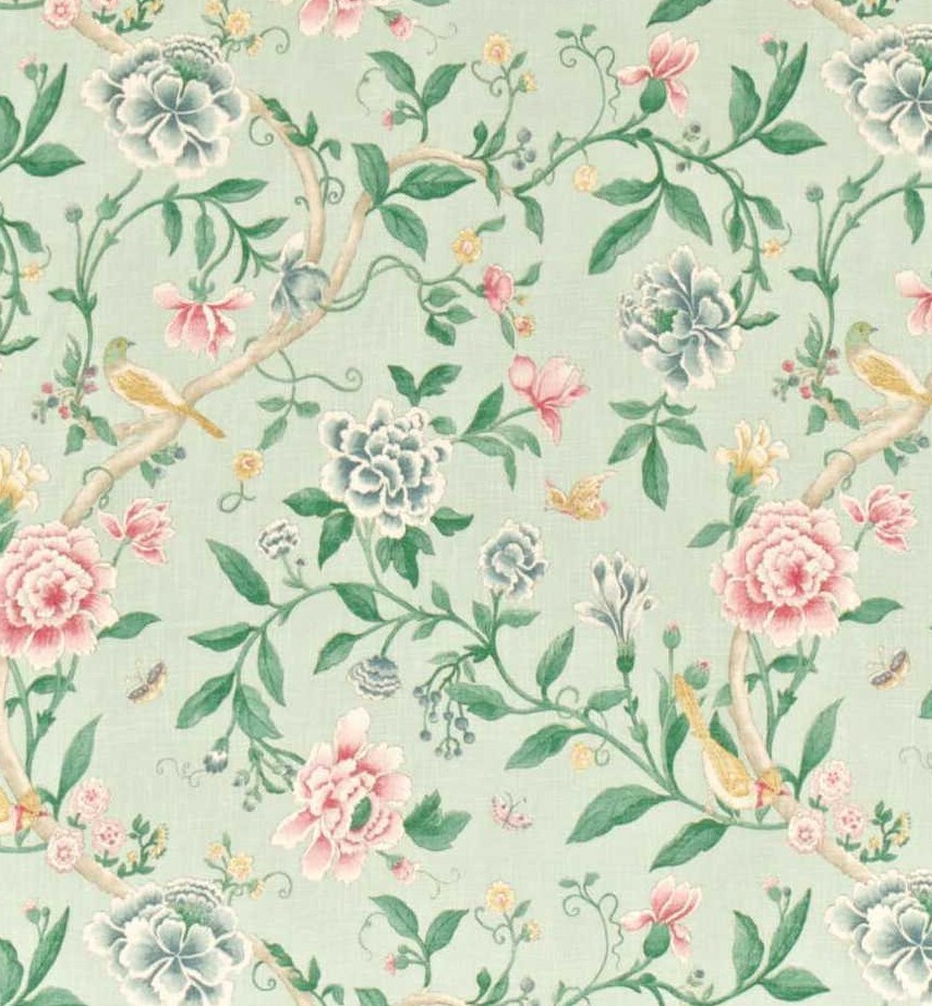 SANDERSON GARDINENSTOFF "Porzellan Garten" 3,5 METER ENTENEI/ROSE LEINENMISCHUNG