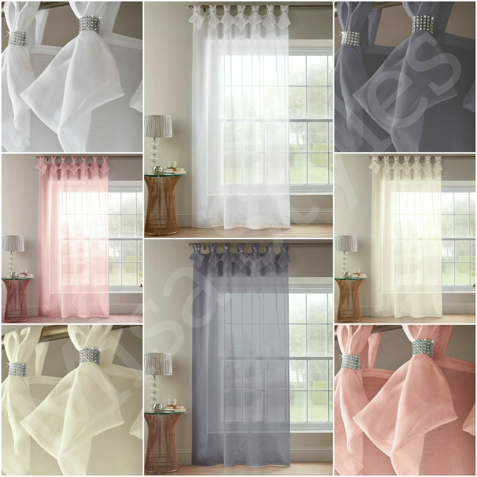 DIAMANTE SPARKLE JEWEL GLITTER PLAIN VOILE NET TAB TOP CURTAIN PANEL WHITE GREY