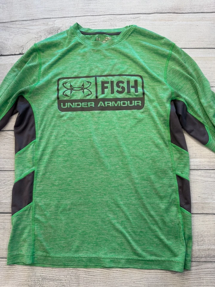 Under Armour Fish Shirt Mens Medium Green Rashguard Fishing Sun Protection - Image 2 of 4