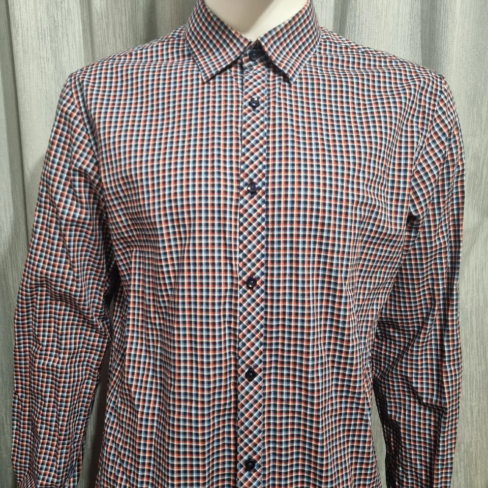 Esprit Collection Mens Dress Shirt USA-L 16.5 Blue Red Top Formal Check Slim Fit - Image 3 of 4
