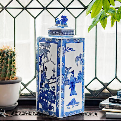 20'' Blue & White Square Fu Dog Jar