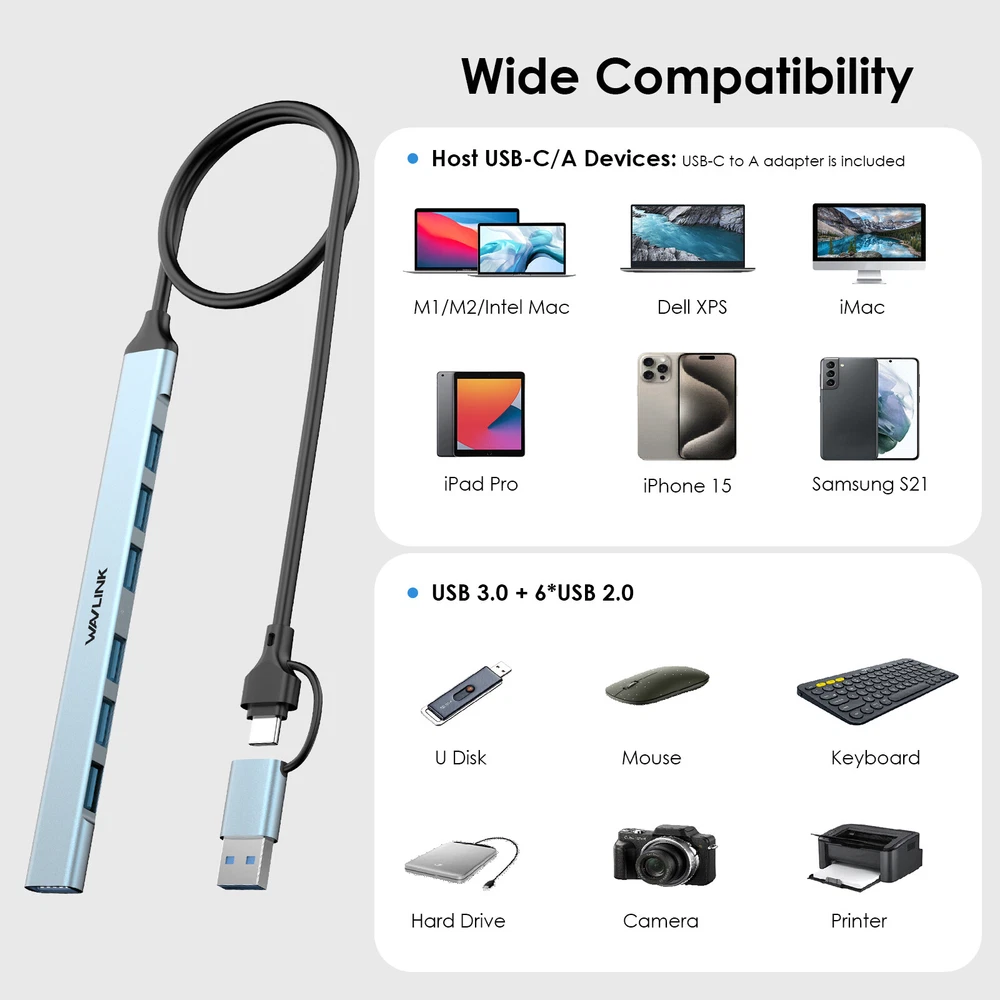 WAVLINK PC USB Hub USB-C Hub 5Gbps USB3.0 USB Splitter for iMac/iPad Pro/Laptop