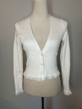 For Love  Lemons Nina Ribbed Cropped Cardigan Sweater Lace Ivory Small Medium