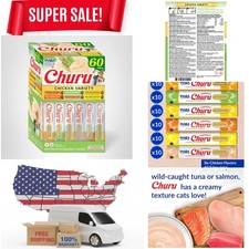 60 Churu Cat Treats, Grain-Free, Lickable, Squeezable Creamy Pur e Cat Treat/Top