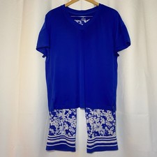Cuddl Duds Pajama Set Womens M Blue Floral Capris Short Sleeve Elastic Waist EUC