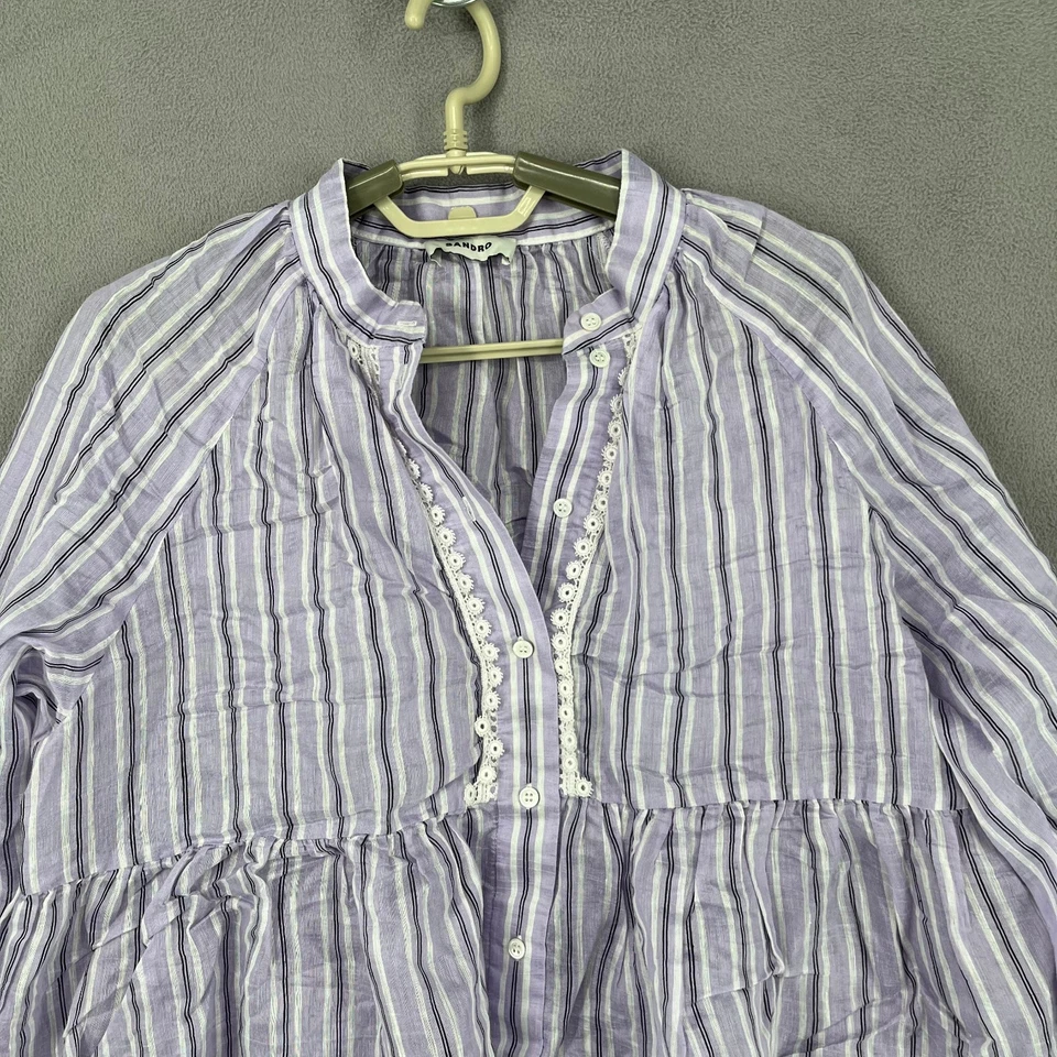 Sandro Dress Womens 38 Purple Button Tier Smocked Striped Long Sleeve Lace Paris - Image 2 of 4