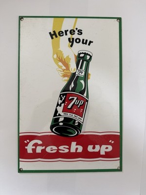 7 Up Soda Advertising Sign ''Here's Your Fresh Up'' Bottle Graphic