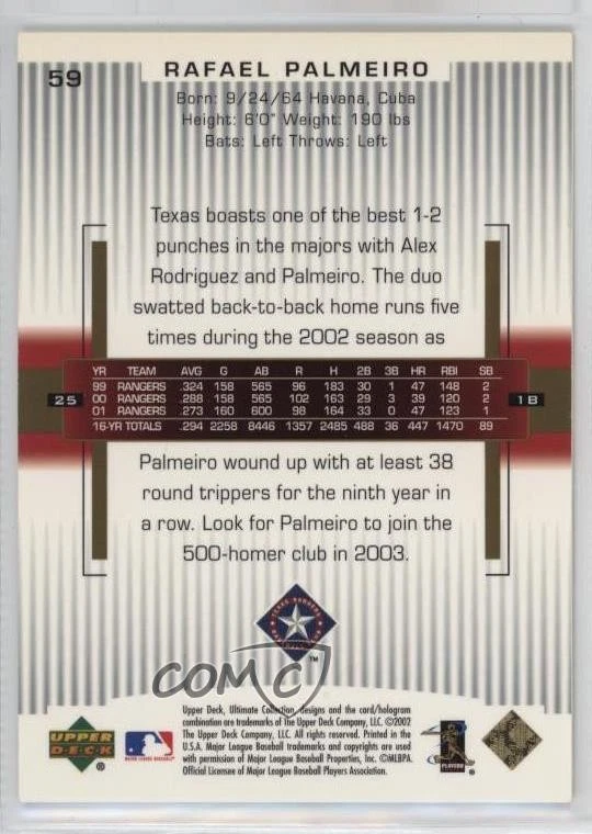 2002 Upper Deck Ultimate Collection /799 Rafael Palmeiro #59 - Image 2 of 2
