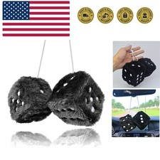 Fuzzy Plush Dice for Car Mirror, Pair of Retro 3  Black Dice with White Dots ...