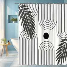 Modern Black and White Shower Curtain with Leaf and Line Design