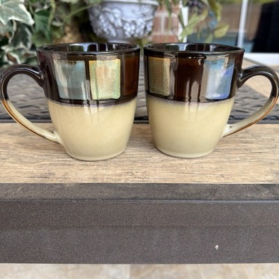 Set Of 2 Gibson Elite Villena Natural Ceramic Coffee Mugs 12 Oz Square Mosaic