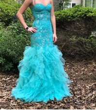 Jovani Aqua Sequin Beaded Bodice Strapless Gown Mermaid Prom dress 6 UK8-10 US6