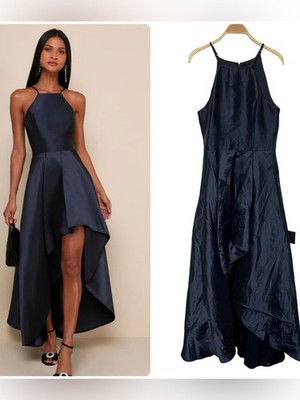 New Lulus Broadway Show Navy Blue Satin High-Low Gown Dress