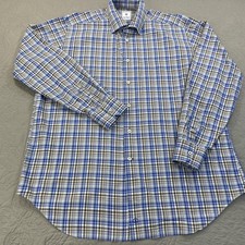 David Donahue Shirt Mens XL Blue Brown Plaid Long Sleeve Button Down Cotton