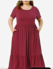 3x Burghundy crew neck swing flowy maxi t shirt dress