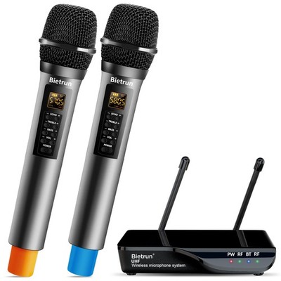 Bietrun Wireless Microphone with Echo/Treble/Bass, UHF 160ft Range, Dual UHF ...