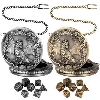 7pcs Solid Metal Polyhedral RPG Dice Set in Dragon Pocket Watch Case w/ Chain