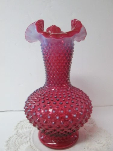 Vintage Fenton Cranberry Opalescent Hobnail 11" Vase