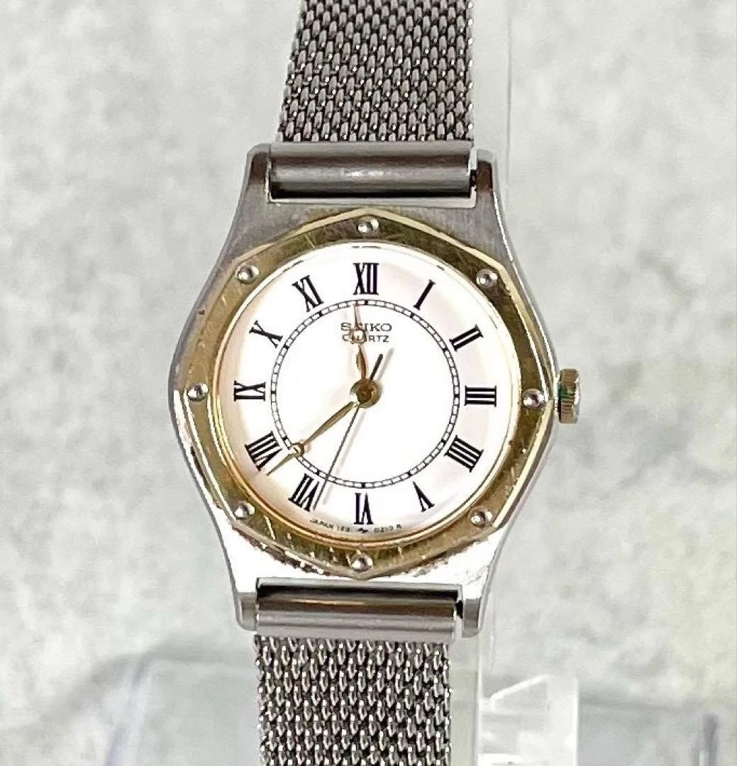 Seiko 5421-5080 cuarzo octágono reloj para mujer 19 mm esfera plateada vintag...