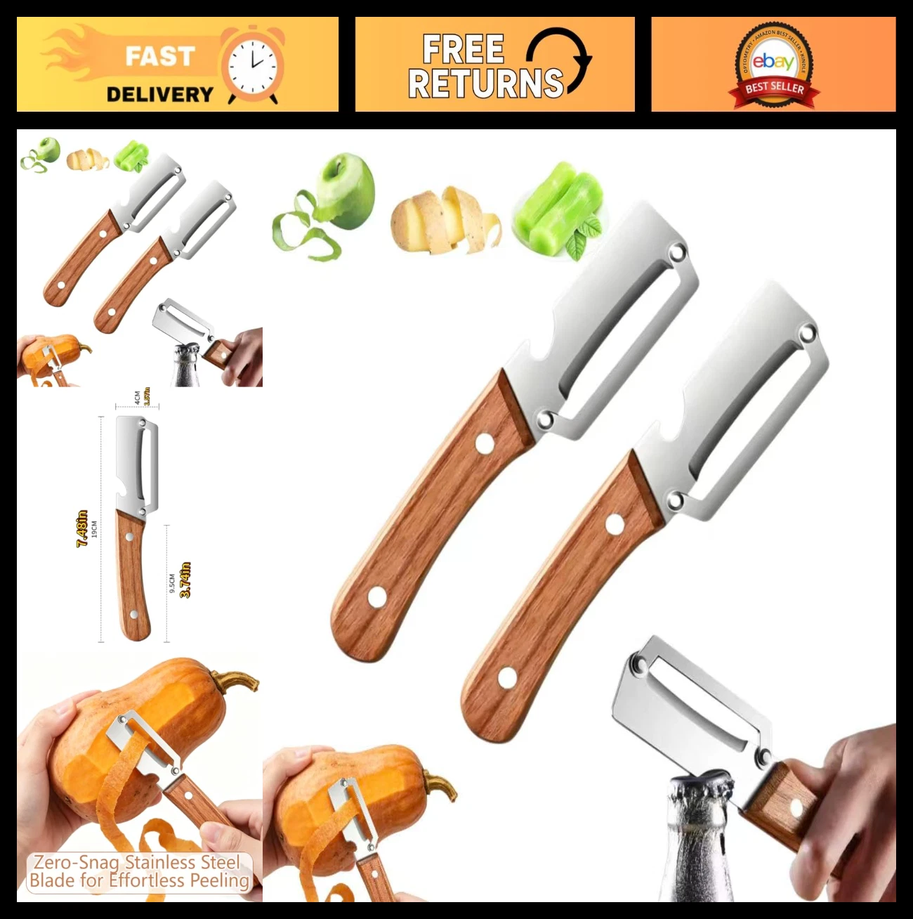 2 Pack 2-in-1 Vegetable & Fruit Peeler with Bottle Opener, Wooden Handle