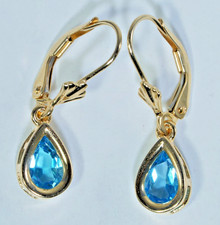 14K Yellow Gold 1.50ctw Blue Topaz Dangle Earrings Leverback 2.3 grams
