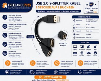 USB 2.0 A Stecker auf 2 Dual USB Buchse Y Splitter Hub Stromkabel Adapter Kabel