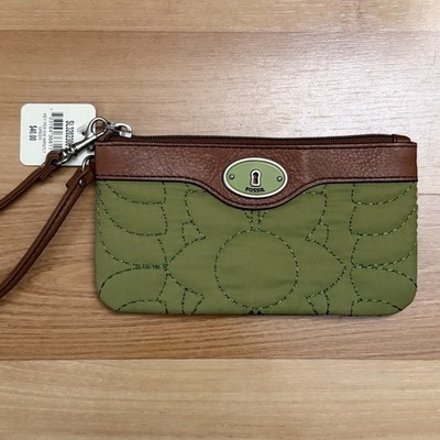 Fossil Key-Per Zip Wallet Wristlet Floral Brown Leather Boho Hippy Green New