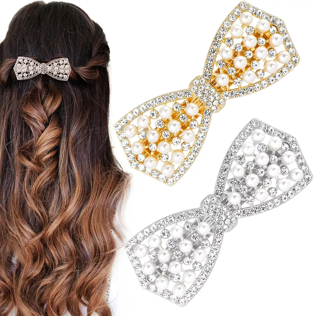 2Pcs Wedding Pearl Diamond Bow Hair Clips Barrettes Accessories for Women  Girls