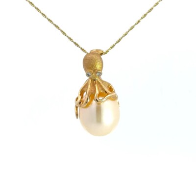 14KT. Gelbgold Oktopus Anhänger mit Diamanten und Perle (Denny Wong)