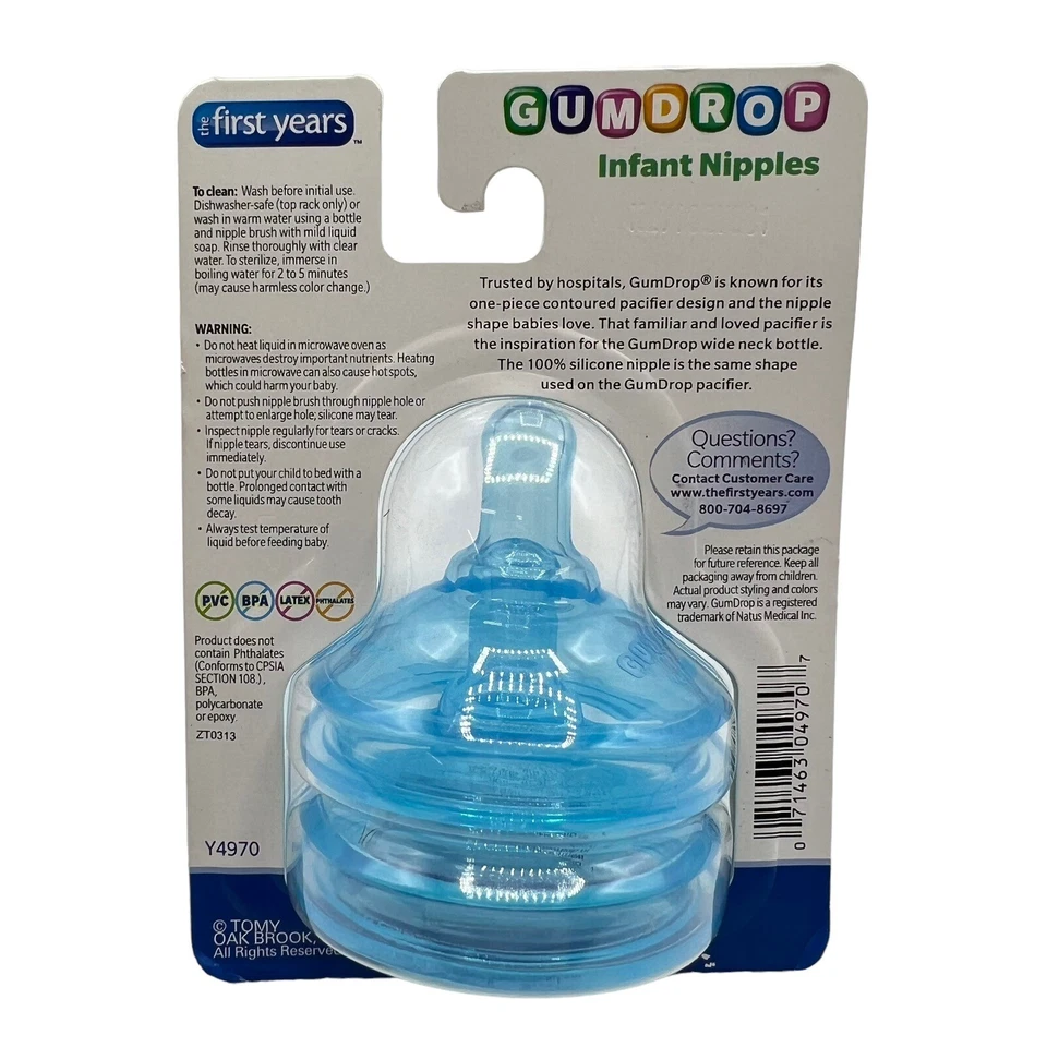 TOMY GumDrop Infant Nipples The First Years 2 Pack Blue 3m+ Medium Flow BPA Free - Image 2 of 4