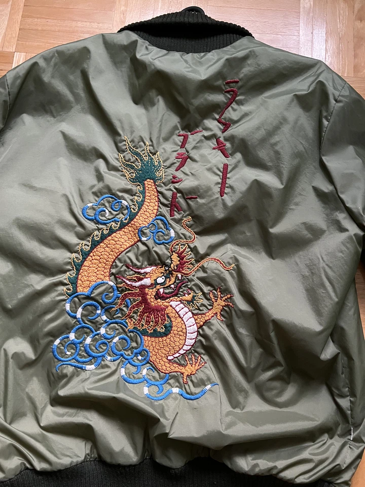 LuckyBrand Vintage Embroidered Bomber Jacket Japan Samurai Dragon Reversible L - Image 2 of 4