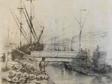 Drawing Back 19th 1850s Lead Mine Boat Drawing Dutch School Antique Art