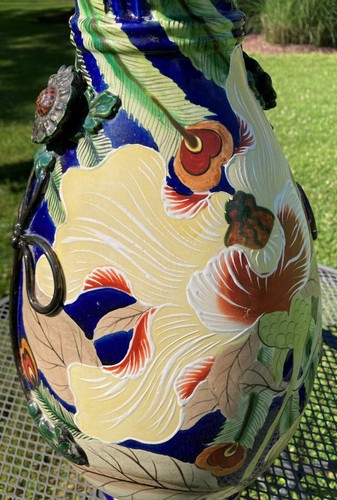 18" Signed Antique Japanese Satsuma Hand Painted Porcelain Moriage Vase - Picture 5 of 12