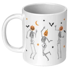 Dancing Skeleton Pumpkin Face 11oz Mug, Cute Fall Mug, Spooky Mug