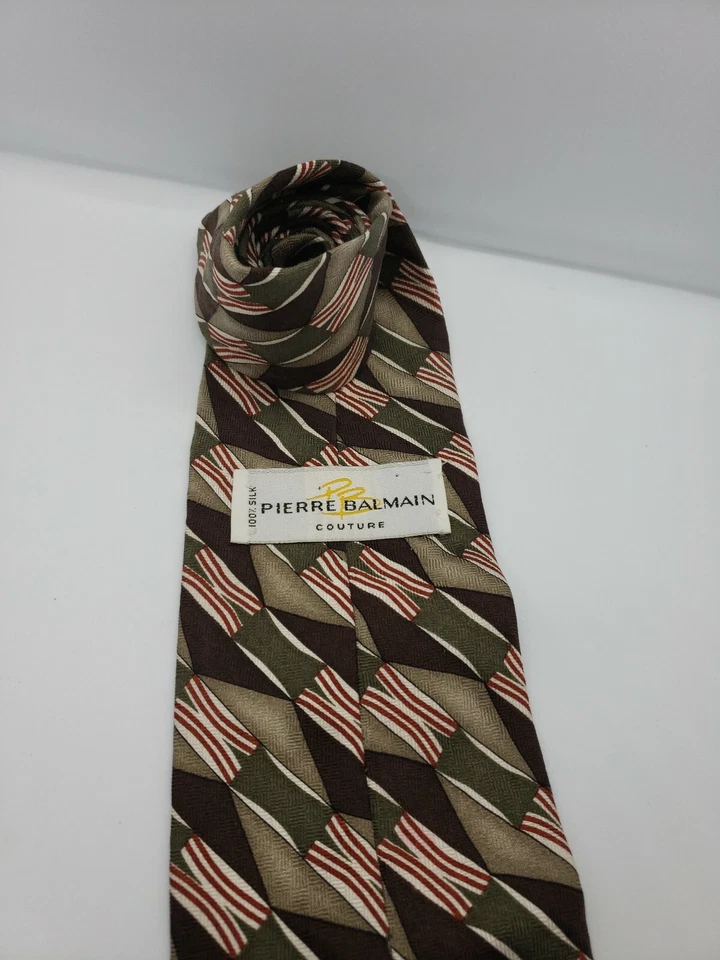 Pierre Balmain Couture Neck Tie Brown Green 100% Silk - Изображение 4 из 4