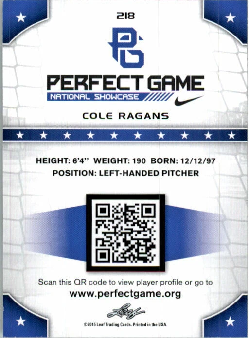 COLE RAGANS 2015 Leaf Perfect Game NIKE All American SHOWCASE BLUE