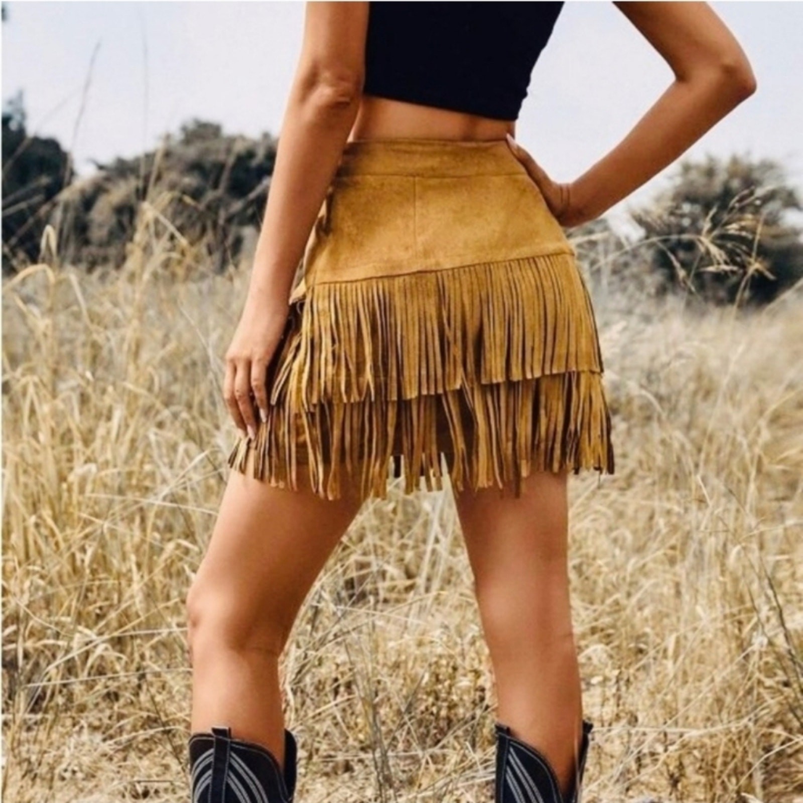 Altar'd State Bohemian Fringed Western Stretch Faux Suede Coastal Cowgirl Skirt