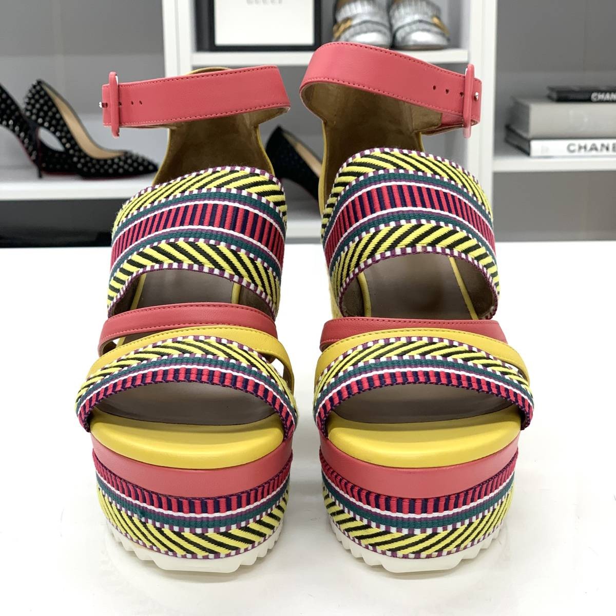 HERMES Leather x Fabric Wedge Sandals Multicolor Size EU 37 Women's thumbnail 13