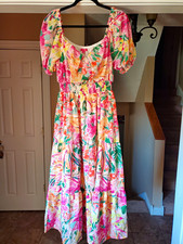 Flying Tomato Women’s Multicolor Floral Smocked Square Neck Puff Dress M