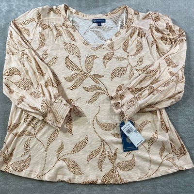 Democracy Top Blouse Womens 1X Beige Leaf V Neck 3/4 Sleeve Casual Relaxed
