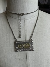 Retro Cassette Tape Necklace 28” Silver Tone Rhinestone Y2K Music Pendant