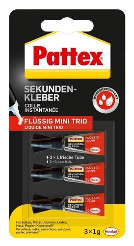 Pattex Super Glue Liquid Mini Trio Super Glue in 3x 1g Tubes, Colourless